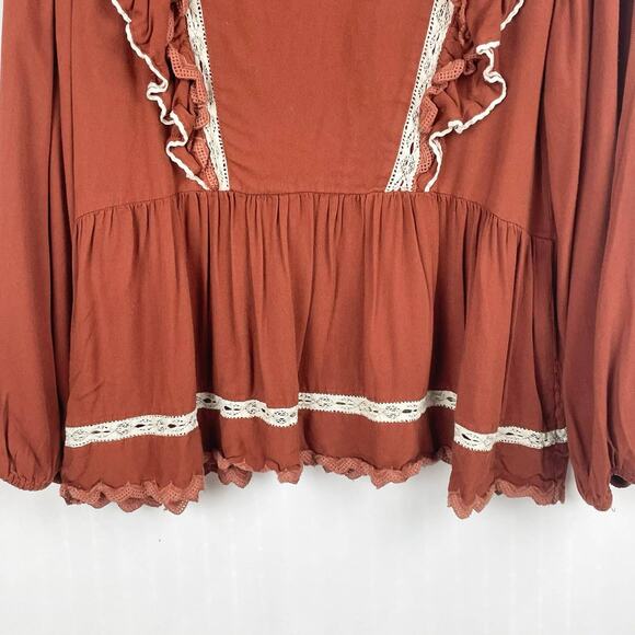 Bohme Peasant Top Size S Burnt Orange Ruffled Knit Lace Trim Cottagecore Boho - Picture 9 of 13